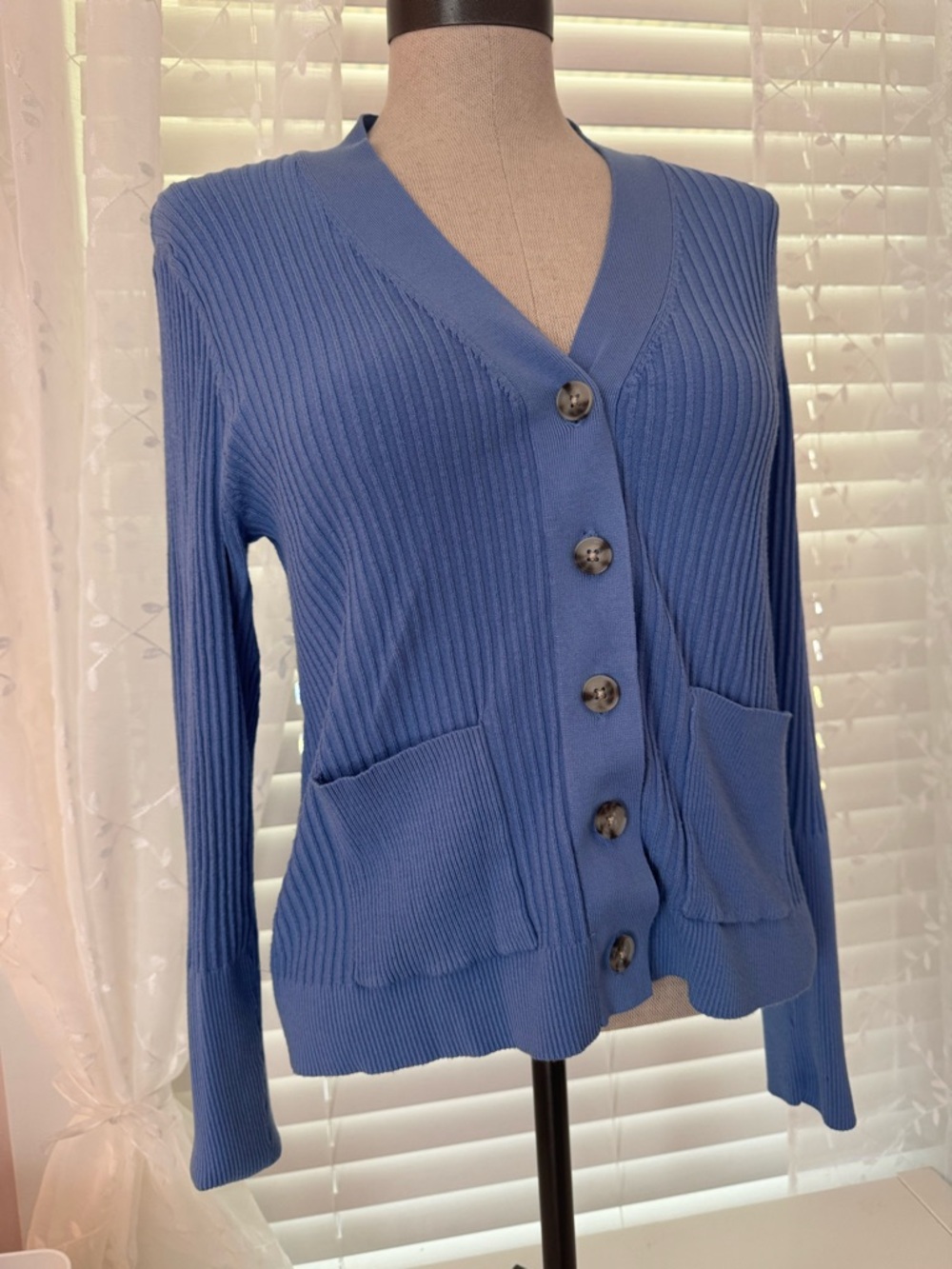 LOFT Dusty Blue Ribbed Button-Front Cardigan - Picture 3 of 4